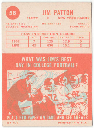 1963 Topps Football #58 Jim Patton