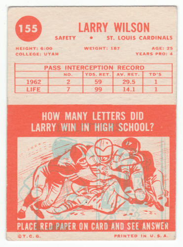 1963 Topps Larry Wilson Rookie Card #155 back