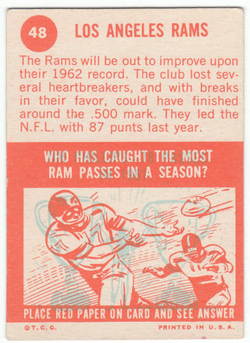 1963 Topps Los Angeles Rams Team back