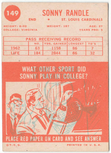 1963 Topps Football #149 Sonny Randle