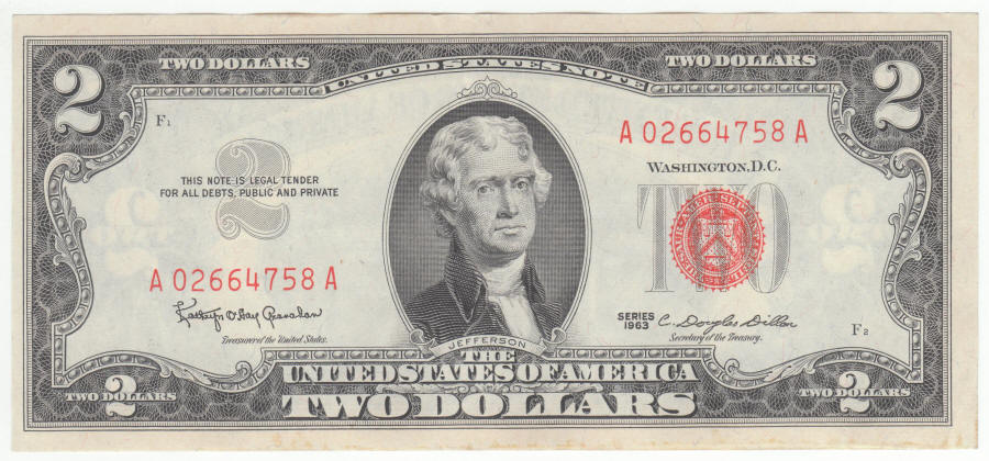 1963 US Jefferson Two Dollar Bill