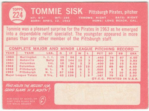 1964 Topps Baseball #224 Tommie Sisk