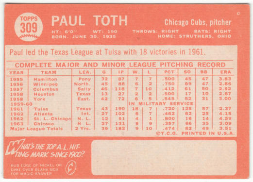 1964 Topps Baseball #309 Paul Toth