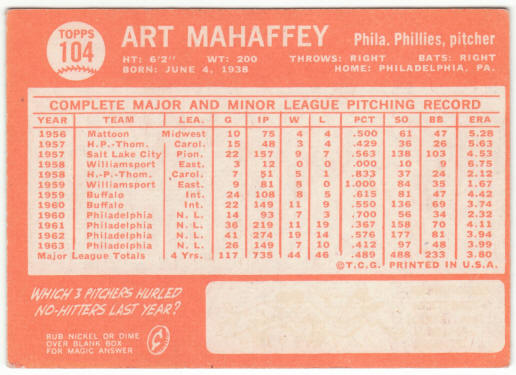 1964 Topps Baseball #104 Art Mahaffey