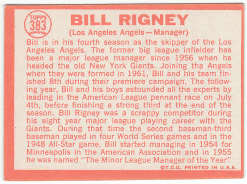 1964 Topps #383 Bill Rigney back