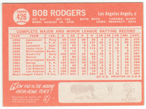 1964 Topps #426 Bob Rodgers back