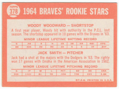 1964 Topps #378 Braves Rookies Woody Woodward back