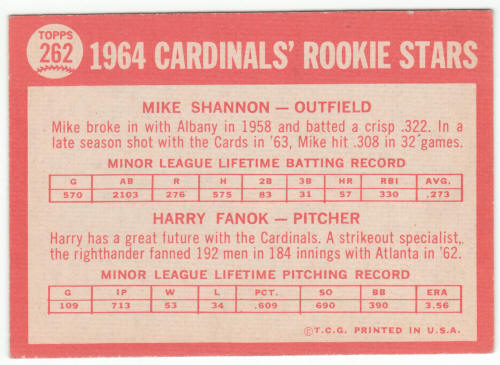 1964 Topps Mike Shannon Rookie Card Harry Fanok #262 back