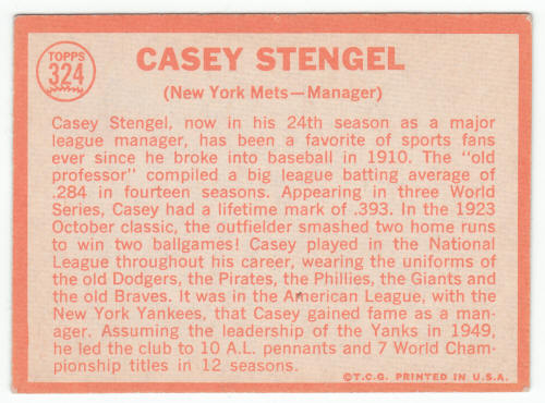 1964 Topps Casey Stengel 324 back