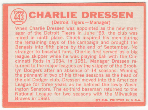 1964 Topps #443 Chuck Dressen back