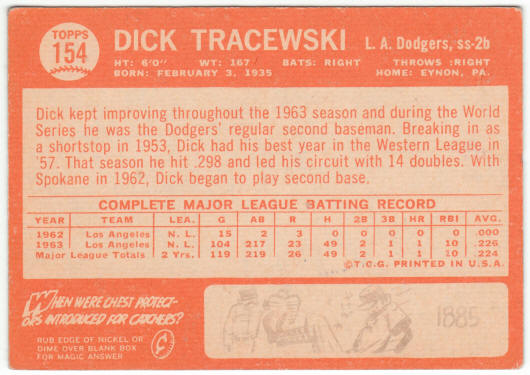 1964 Topps Baseball #154 Dick Tracewski Rookie Card