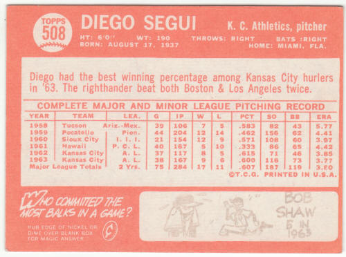 1964 Topps #508 Diego Segui back