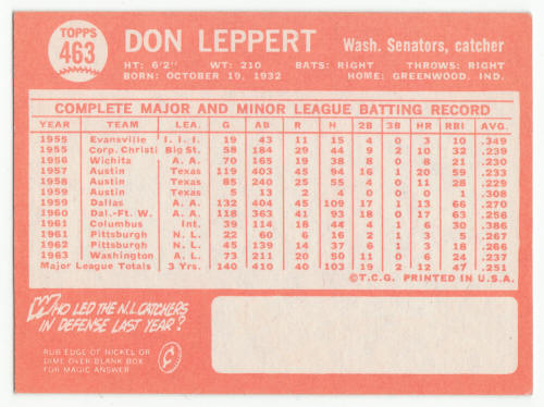 1964 Topps Don Leppert #463 back