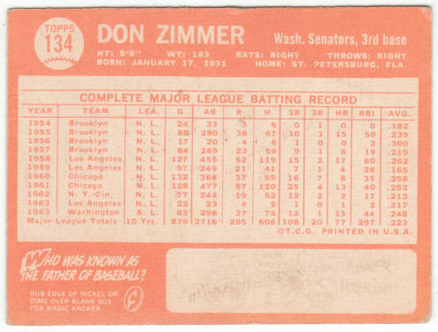 1964 Topps Baseball #134 Don Zimmer