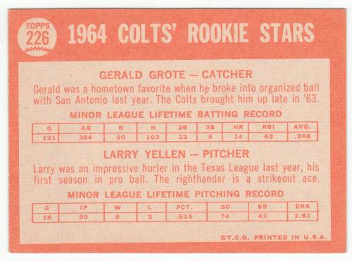1964 Topps Jerry Grote Larry Yellen Rookie Card #226 back