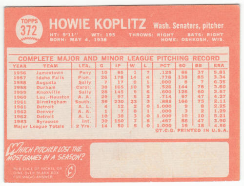 1964 Topps #372 Howie Koplitz back