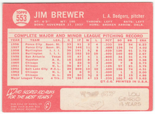 1964 Topps Baseball #553 Jim Brewer