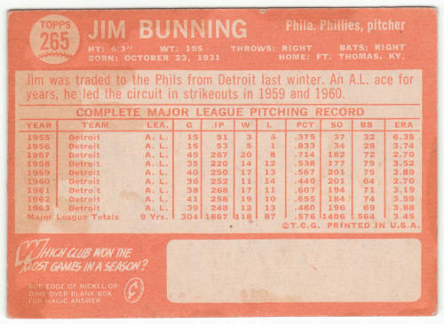 1964 Topps #265 Jim Bunning back