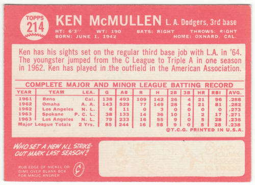 1964 Topps #214 Ken McMullen back