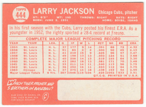 1964 Topps Baseball #444 Larry Jackson