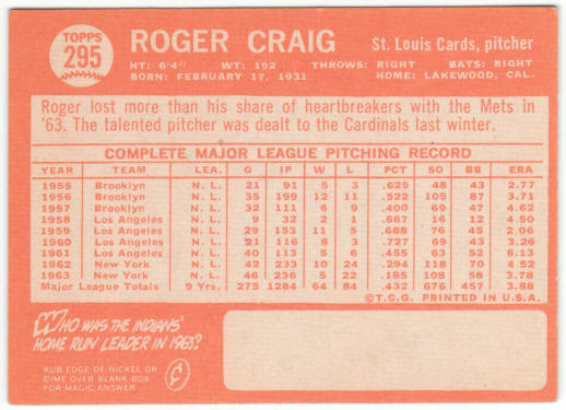 1964 Topps Baseball #295 Roger Craig