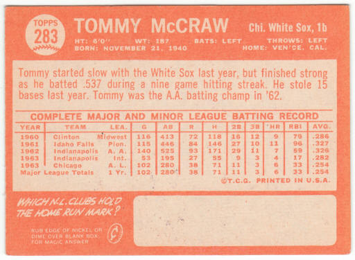 1964 Topps Baseball #283 Tom McCraw Rookie Card