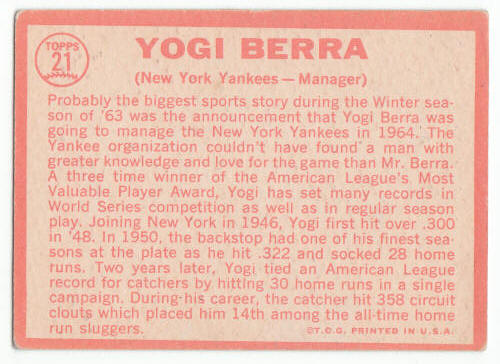 1964 Topps Yogi Berra Manager #21 back