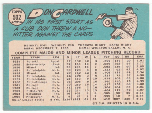 1965 Topps Don Cardwell #502 back