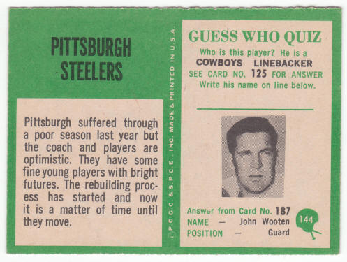 1966 Philadelphia Pittsburgh Steelers Team Card #144 back