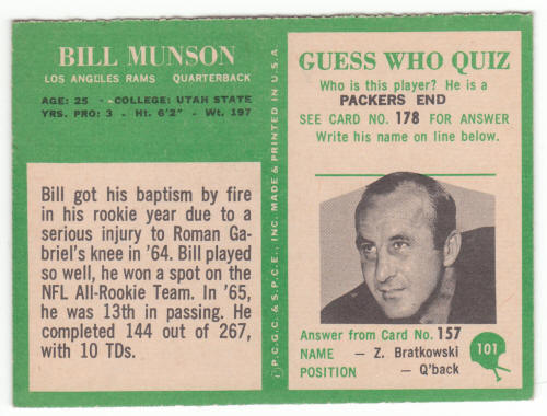 1966 Philadelphia Gum 101 Bill Munson back