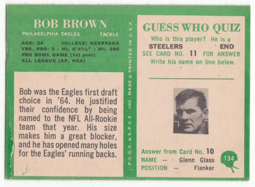 1966 Philadelphia Gum Bob Brown Rookie Card #134 back