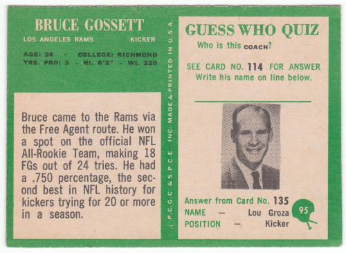 1966 Philadelphia Gum #95 Bruce Gossett Rookie Card back
