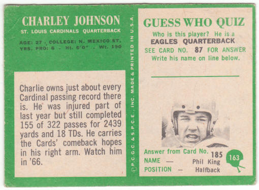 1966 Philadelphia Gum Football #163 Charley Johnson