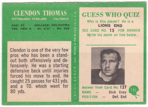 1966 Philadelphia Gum Football #155 Clendon Thomas