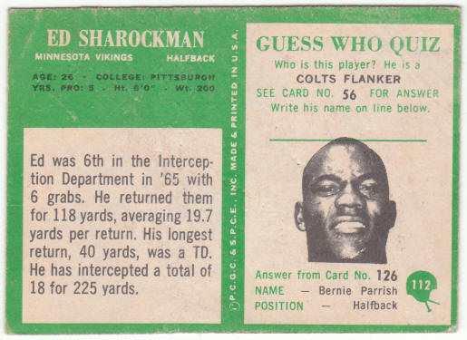 1966 Philadelphia Gum Football #112 Ed Sharockman