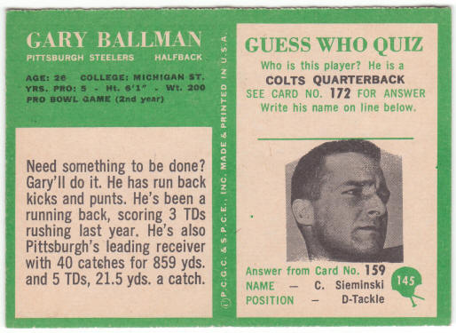 1966 Philadelphia Gum Football #145 Gary Ballman