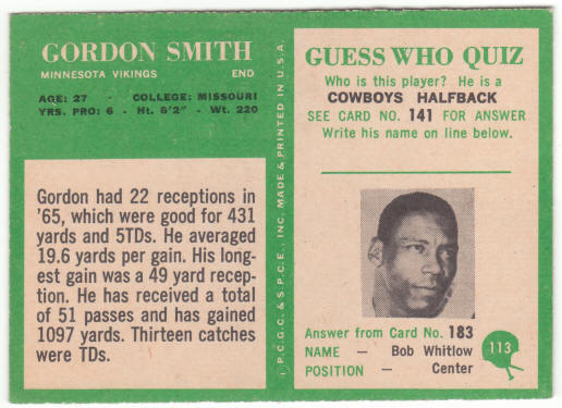 1966 Philadelphia Gum Football #113 Gordon Smith Rookie Card