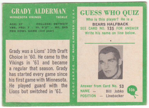 1966 Philadelphia Gum Football #106 Grady Alderman