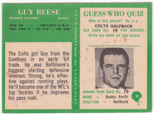 1966 Philadelphia Gum Football #9 Guy Reese