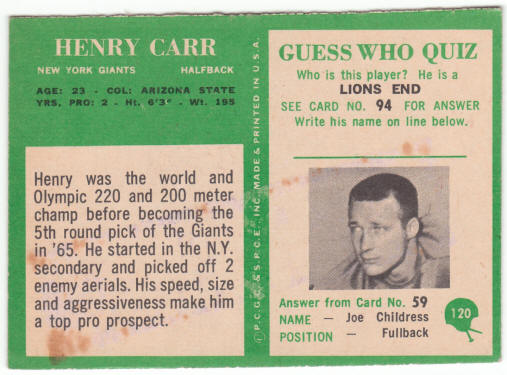 1966 Philadelphia Gum Football #120 Henry Carr Rookie Card