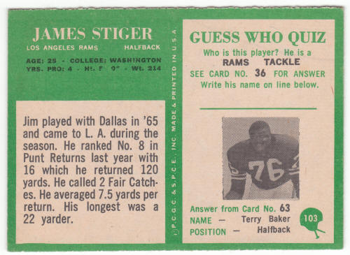 1966 Philadelphia Gum Jim Stiger Rookie Card back