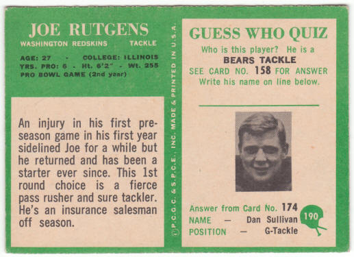 1966 Philadelphia Gum Football #190 Joe Rutgens