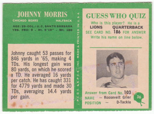 1966 Philadelphia Gum Football #36 Johnny Morris