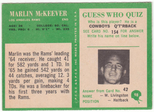 1966 Philadelphia Gum Football #98 Marlin McKeever