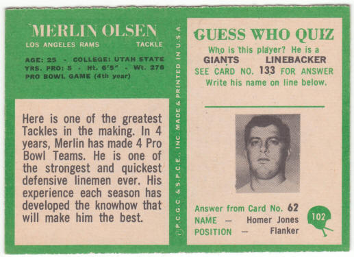 1966 Philadelphia Gum #102 Merlin Olsen