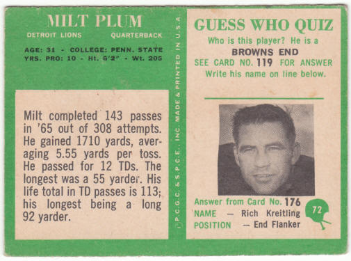 1966 Philadelphia Gum Football #72 Milt Plum