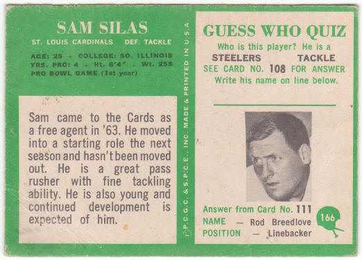 1966 Philadelphia Gum Football #166 Sam Silas Rookie Card