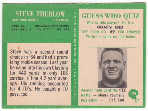 1966 Philadelphia Gum Football #129 Steve Thurlow