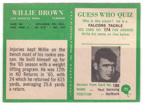 1966 Philadelphia Gum Willie Brown Rookie Card back