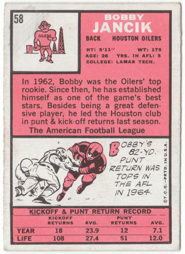 1966 Topps Football #58 Bobby Jancik